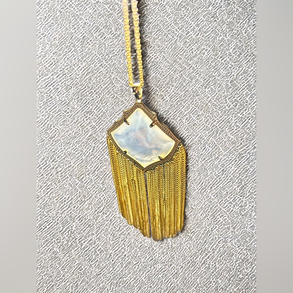 Kendra Scott Kingston Long Tassel Pendant Necklace- Gold Tone Mother Pearl Style - Picture 2 of 5
